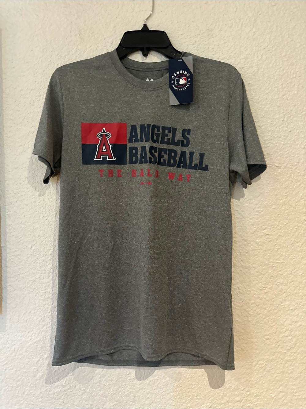 Majestic Gray Angels Baseball Short Sleeve Tee with Red and Navy Logo
